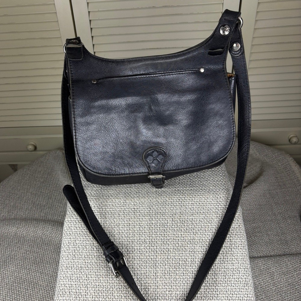 Patricia Nash London Saddle Bag Black Leather Crossbody Buckle Flap Strap Purse